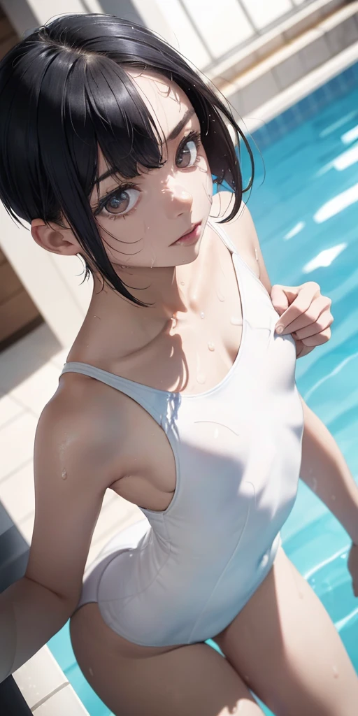 ((((Close-up angle from above))))13-year-old girl, solo,(((Small breasts: 1.6))), ((((Embarrassing,))))((((Wearing a white swimsuit、))))((((Various poses、))))A sexy masterpiece with wet hair, Highest quality, Realistic, Ultra-detailed, (Glowing Skin, sweating: 1.4), View your viewers,((((very short hair with black hair)))))thin, Dynamic light and shadow, High resolution, Sharp focus, Depth of written boundary, Embarrassing, Sharp pupils, Realistic生徒, (Thigh Thickness: 1.0), Indoor swimming pool