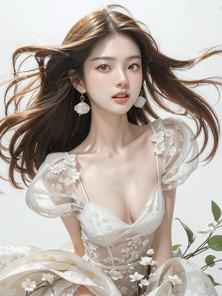 (((Bright White Background 1.5)))、(((High Key Portrait 2.0)))Professional Lighting、(((Professional Lighting 1.5)))、Translucent skin texture、Beautiful Skin、Beautiful Skin、、(((Whitening 1.5)))、、、音符のEcstasy、(((Pure white floral dress 1.5)))、Profile 1.4、See-through。No bra、Mid-shot photo、Simple Earrings、((tea hair))、((Mid-length hair))、Loose wavy hair、sex appeal、Sex Appeal、Ecstasy、(((Mid-shot photo1.5))、(((Dynamic pose 1.85)))、One woman、