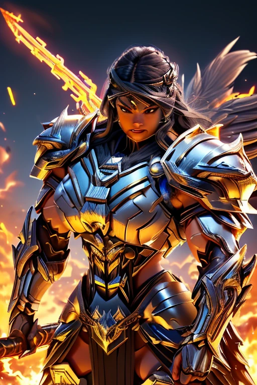 (((Massive, tall, beautiful, buff, muscular, brown skinned female Valkyrie with black hair, ginormous bulky muscles, holding a fire sword and wearing an all black gleaming Valkyrie armor and pleated skirt))), ((close-up)), black eyeliner, massive muscles, massive biceps, hyper muscle triceps, (long straight hair), orange eyes, valkyrie boots, In heaven, steel Valkyrie armor, armor breastplate, nighttime, confident smile, (hyper muscles arms), hyper muscle legs, (ginormous arms)