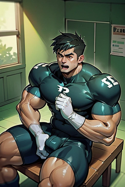 Danny Fenton in a locker room sitting on a wooden bench with football jocks and listening to hypnotic MP.3 player playing subliminals through earbuds in his ears as he is assimilated into their team. Turning into stereotypical football jock just like Dash Baxter. Black hair with blonde highlights. hyper muscles. Big biceps. Big triceps. Big traps. big lats. big deltoids. Big meaty pecs. Swollen crotch bulge. Tenting crotch. Open mouth. Sneer. Cocky smirk. IQ drain. Dumber and dumber. big dumb jock. Jock assimilation. Hypnosis. Hypnotic trance. Brainwashing. Brainwashed. Hypnotized. Entranced. Jock assimilation. Jock conversion. Meathead. Musclehead. Brute. Bro. "Bigger muscles, bigger meat. Our shrinking brains just can't compete. Bigger, dumber, that's our fate. Big dumb jock bros assimilate. Welcome to the team, bro. Huhuhuh.... Let's go beat up some nerds." Sneering. Smirking. Cocky. Football uniform. Cleats. Shoulder pads. Jockstrap. Coach smiles approvingly and lays a hand on Danny's shoulder pad.