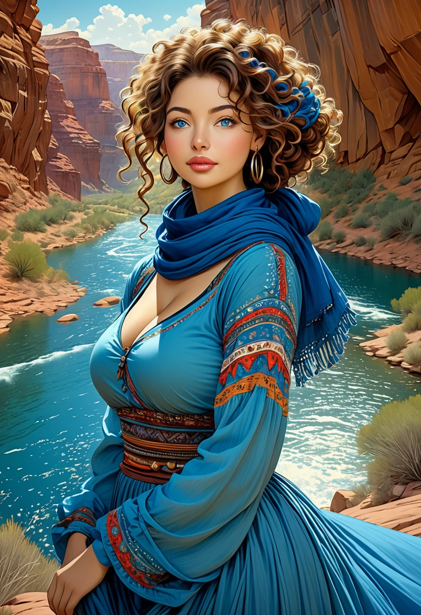 Thirst trap. A beautiful gypsy woman with large thick and wide beautiful lips with the appearance of Masiela Lusha, thick hips, thin waist, deep and wide breasts. Hourglass figure, with hair that is coarse, wiry, and tightly curled. It often has a rough texture, feels stiff to the touch, and may be prone to frizz and tangling. curls can be densely packed. Looking at viewer with love. Long southwestern style dress, hoop earing and jewelry. Wearing a gypsy dress with Skirts and scarves billowing in breeze. The Official Art – An Award-Winning Digital Masterpiece In 4K Ultra HD, Extreme Detail And Intricate Realism. This Concept Art Brought To Life By The Hands Of Brian Froud and Thomas Kinkaid In A Stunning 2D Vector Illustration. . massive, perky, perfect spheres, firm, voluptuous, cleavage, full, well shaped pleasing breasts. buxom. Background is a panoramic vista of redrock canyon with a beautiful blue river running through it.