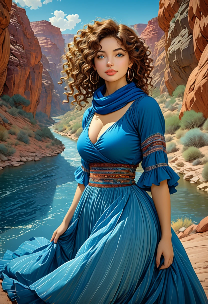 Thirst trap. A beautiful gypsy woman with large thick and wide beautiful lips with the appearance of Masiela Lusha, thick hips, thin waist, deep and wide breasts. Hourglass figure, with hair that is coarse, wiry, and tightly curled. It often has a rough texture, feels stiff to the touch, and may be prone to frizz and tangling. curls can be densely packed. Looking at viewer with love. Long southwestern style dress, hoop earing and jewelry. Wearing a gypsy dress with Skirts and scarves billowing in breeze. The Official Art – An Award-Winning Digital Masterpiece In 4K Ultra HD, Extreme Detail And Intricate Realism. This Concept Art Brought To Life By The Hands Of Brian Froud and Thomas Kinkaid In A Stunning 2D Vector Illustration. . massive, perky, perfect spheres, firm, voluptuous, cleavage, full, well shaped pleasing breasts. buxom. Background is a panoramic vista of redrock canyon with a beautiful blue river running through it.