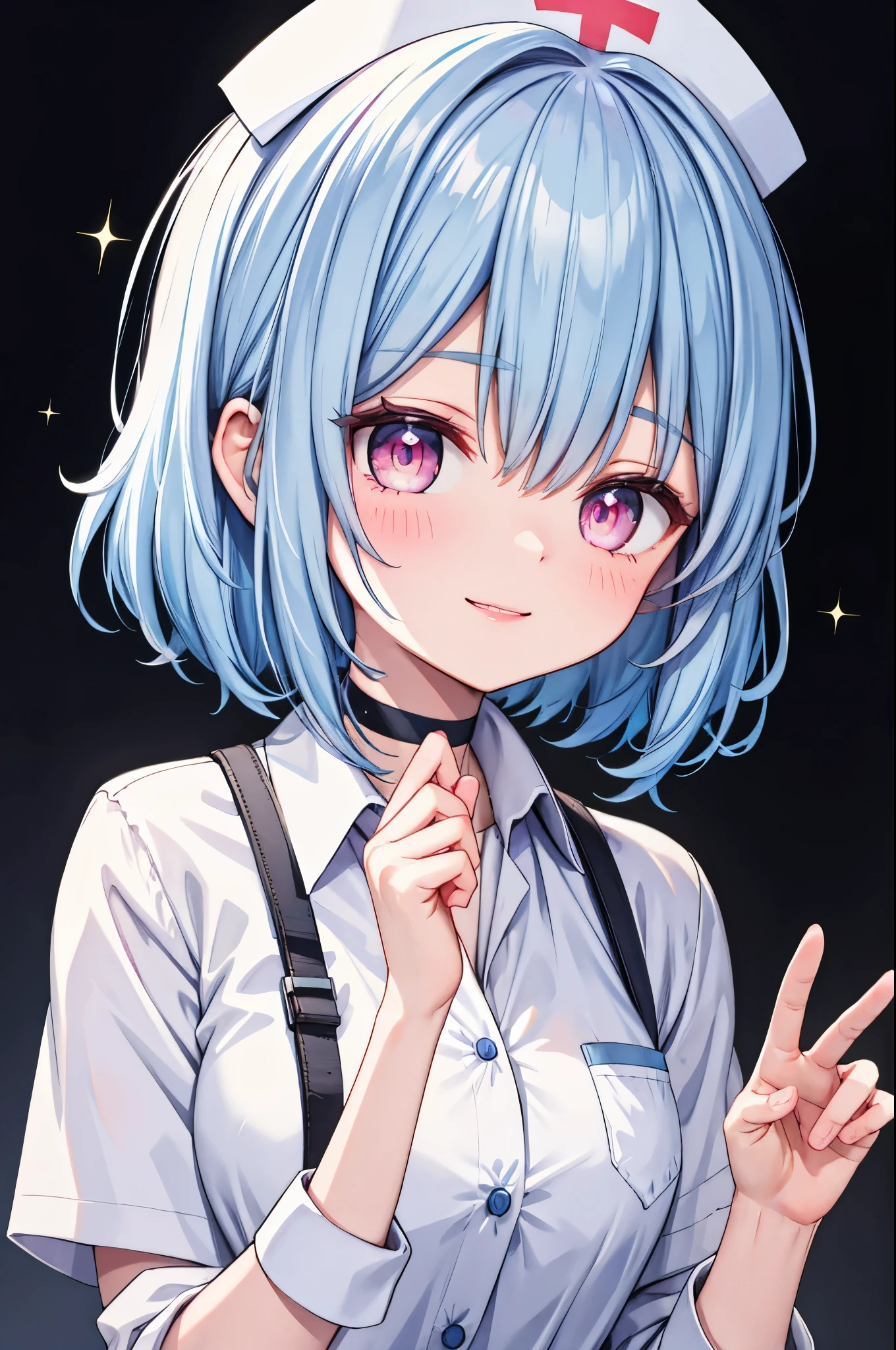 high resolution,smile,woman,woman1人,adult,cute,Medium bob hair,wavy hair, Light blue hair,BREAK Pink Eyes, BREAK Nurse Uniform,Piercing,White choker,BREAK Touching cheek with hand,Background white,BREAK smile,Sparkling eyes,BREAK all body,