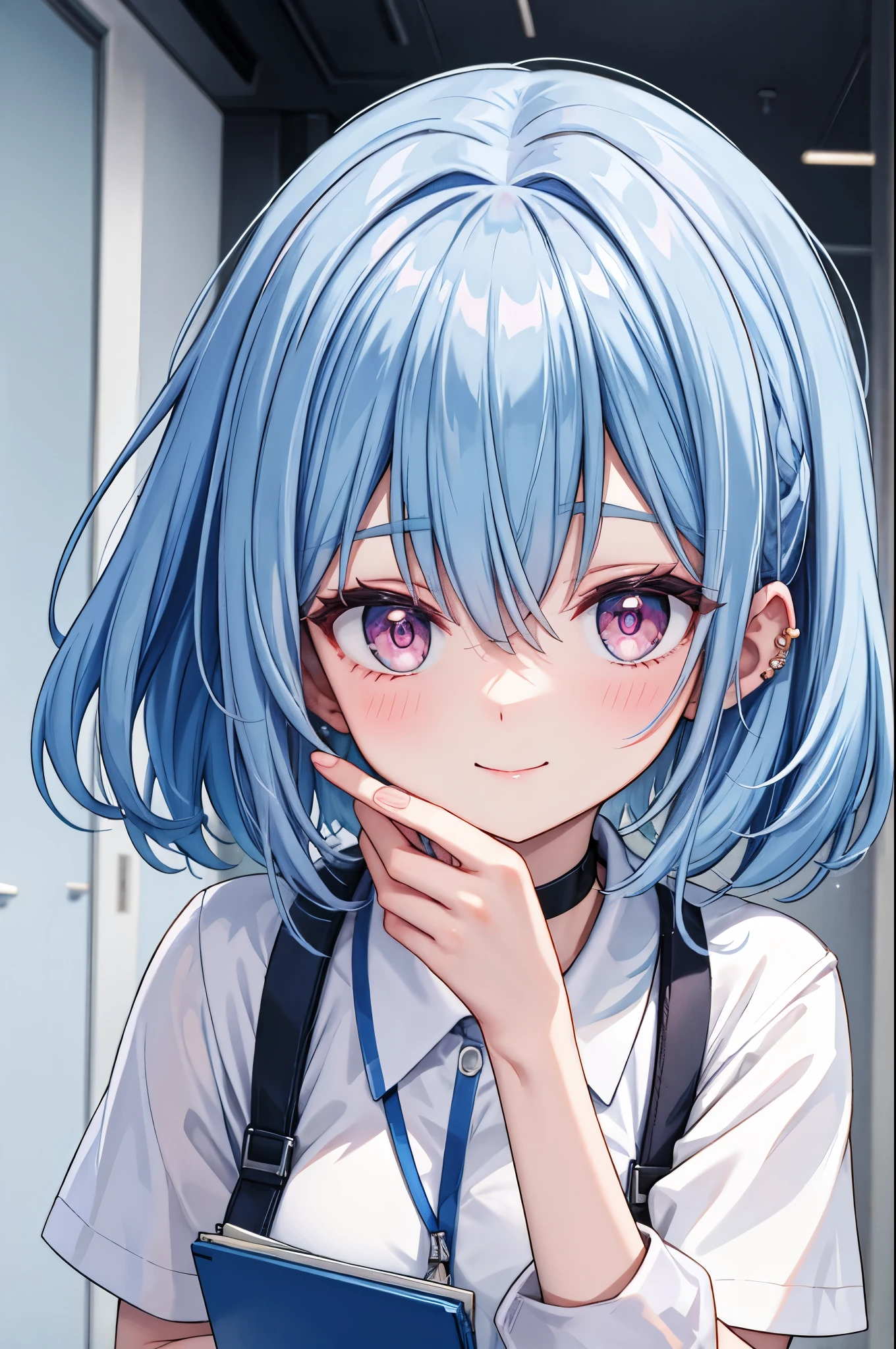 high resolution,smile,woman,woman1人,adult,cute,Medium bob hair,wavy hair, Light blue hair,BREAK Pink Eyes, BREAK Nurse Uniform,Piercing,White choker,BREAK Touching cheek with hand,Background white,BREAK smile,Sparkling eyes,BREAK Face forward,