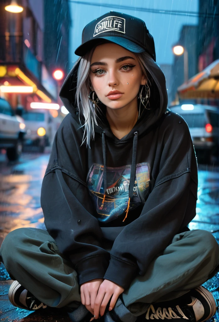 create a blank faded black washed hoodie, retro baggy, 90s, with a trucker hat on, beautiful female thin face, piercings on face, loose fit, baggy, pretty eyes, hoodie, skater night life in background, rain, sitting on ground legs crossed, hoodie jaw string tied in a knot, cargo pants