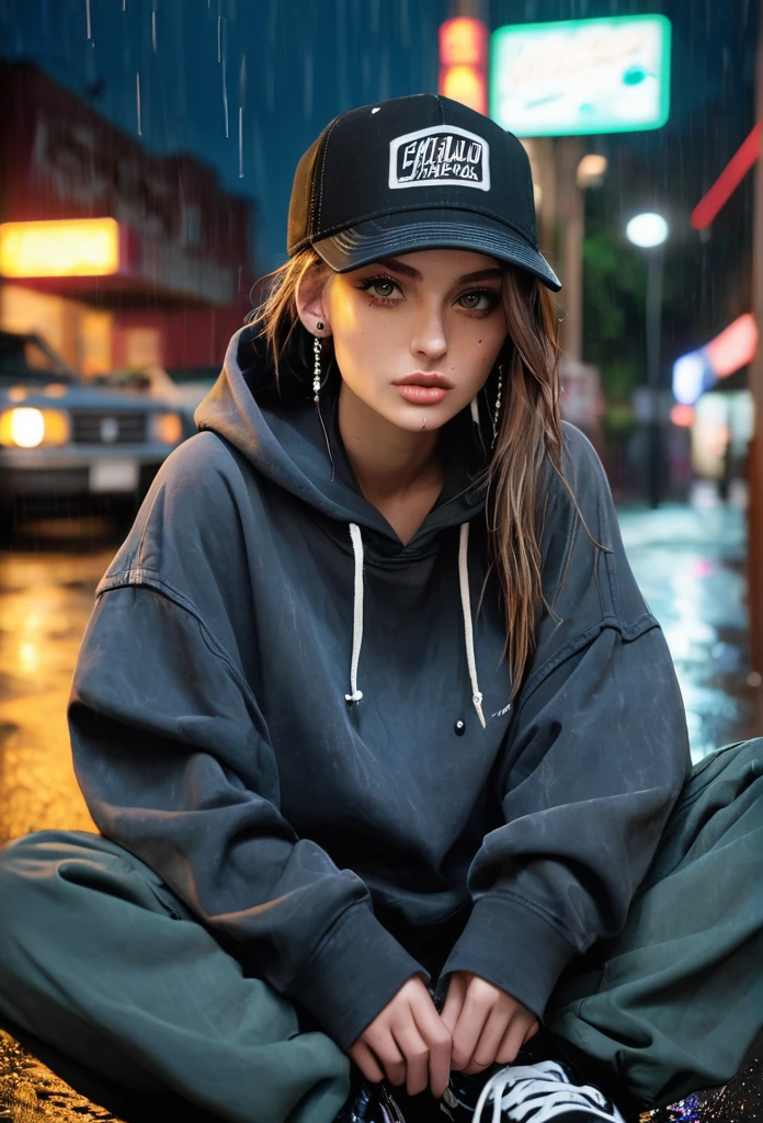 create a blank faded black washed hoodie, retro baggy, 90s, with a trucker hat on, beautiful female thin face, piercings on face, loose fit, baggy, pretty eyes, hoodie, skater night life in background, rain, sitting on ground legs crossed, hoodie jaw string tied in a knot, cargo pants