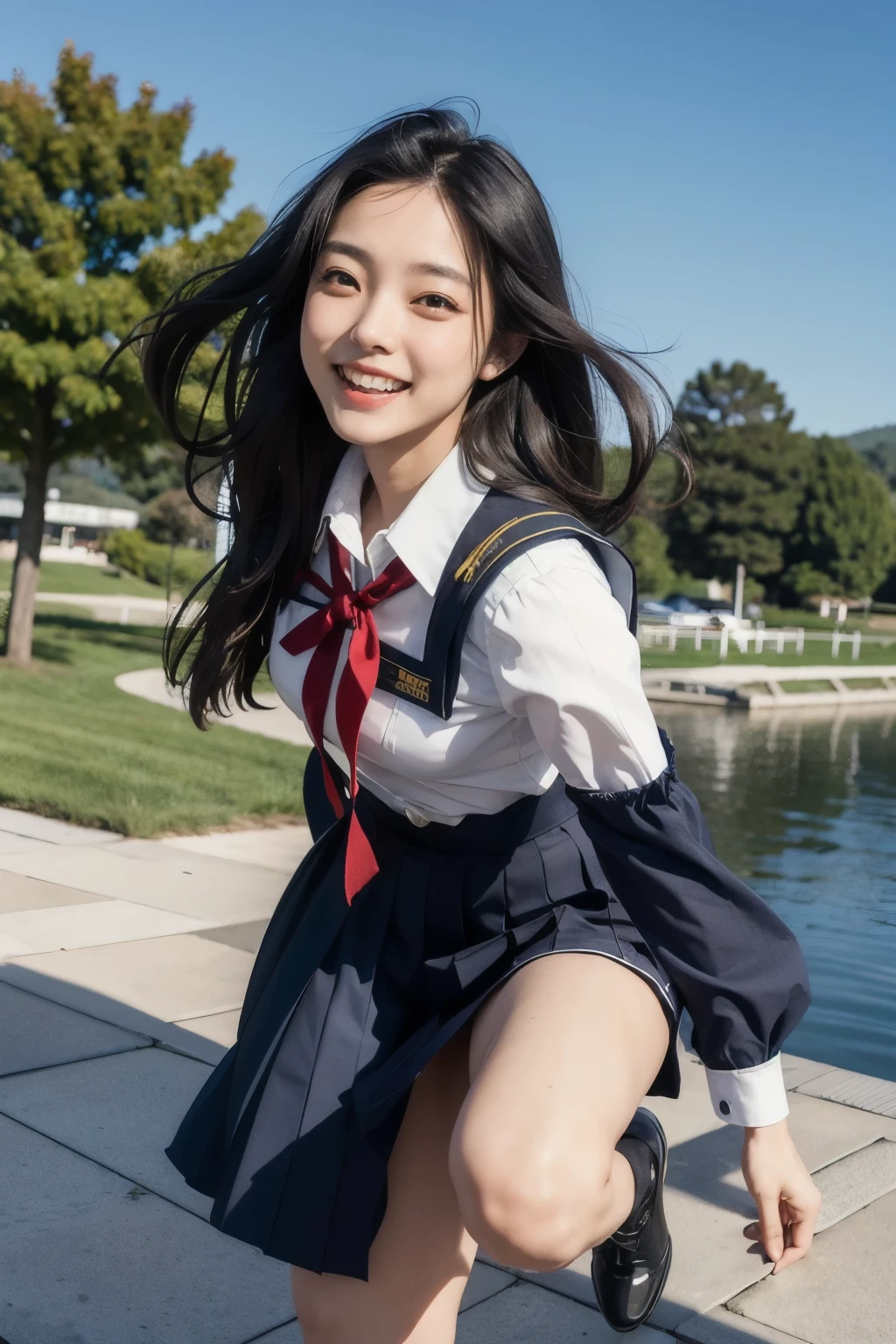(Highest quality,8K quality,masterpiece:1.3,),(Ultra-high resolution,Photorealistic:1.4,RAW Photos),(Ultra-detailed,Caustics,Perfect Anatomy),(Detailed face,Ultra-Realistic Capture,Beautiful and detailed skin),((Jump:1.2)),(On the embankment),Blue sky on background,18-year-old,cute,Japanese Ido,Black-haired,Long Hair,double eyelid,Laughter,Looking into the camera,School Sailor Uniform,sunlight