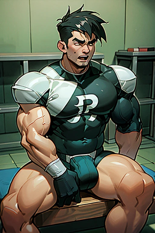 Danny Fenton in a locker room sitting on a wooden bench with football jocks and listening to hypnotic MP.3 player playing subliminals through earbuds in his ears as he is assimilated into their team. Turning into stereotypical football jock just like Dash Baxter. Black hair with blonde highlights. hyper muscles. Big biceps. Big triceps. Big traps. big lats. big deltoids. Big meaty pecs. Swollen crotch bulge. Tenting crotch. Open mouth. Sneer. Cocky smirk. IQ drain. Dumber and dumber. big dumb jock. Jock assimilation. Hypnosis. Hypnotic trance. Brainwashing. Brainwashed. Hypnotized. Entranced. Jock assimilation. Jock conversion. Meathead. Musclehead. Brute. Bro. "Bigger muscles, bigger meat. Our shrinking brains just can't compete. Bigger, dumber, that's our fate. Big dumb jock bros assimilate. Welcome to the team, bro. Huhuhuh.... Let's go beat up some nerds." Sneering. Smirking. Cocky. Football uniform. Cleats. Shoulder pads. Jockstrap. Coach smiles approvingly and lays a hand on Danny's shoulder pad.