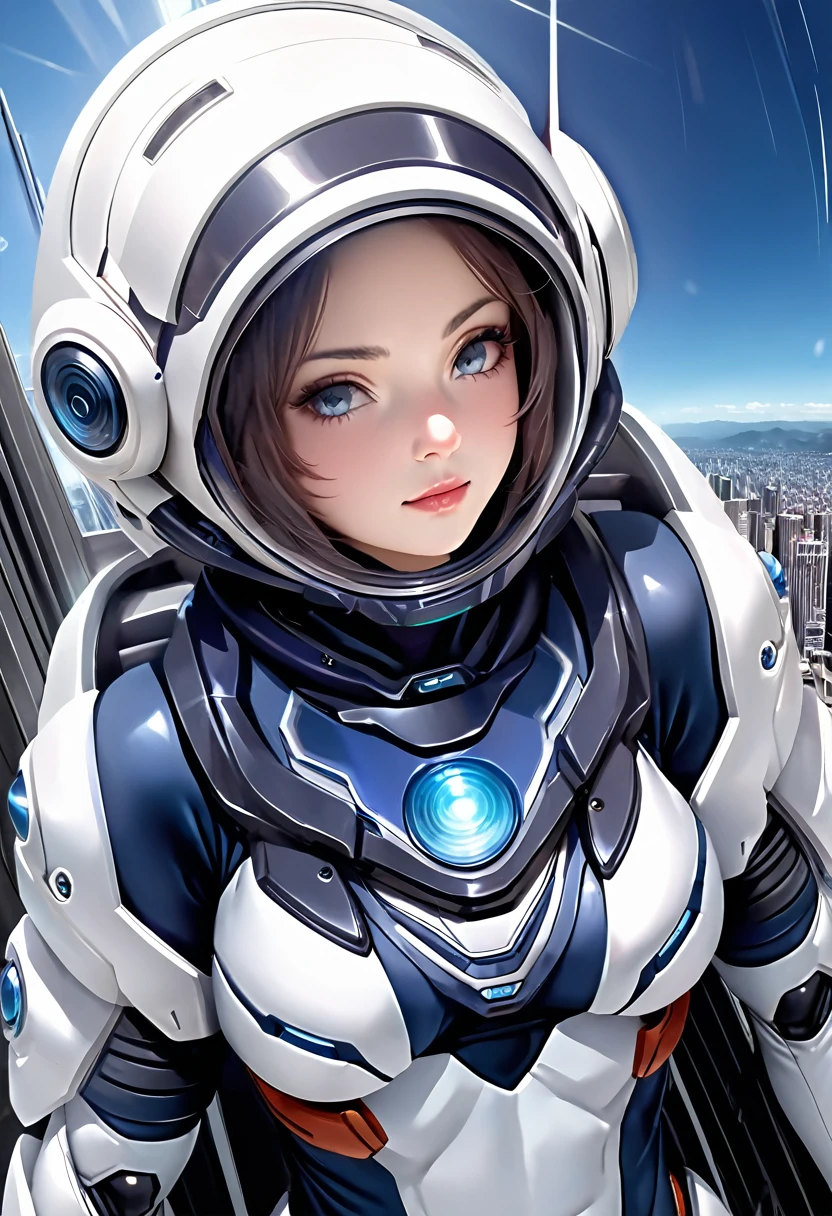 A small and cute robot，The face is smiling on the machine panel，Sleek body，comfortable lines，Wearing a white spacesuit with blue lines，Stepping on the spaceship