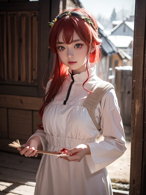 1 girl, you will turn gray, Eyes red, bonitas , ssmile, Red head, white  clothes, realistic clothing, detailed clothing, village background, holding an epée,  blood splatters, Depth of field, natta, red light particles, lightrays, side lighting ,best qualityer, high resolution, extremely detaild , 8k, highly realistic, ultra-realistic, Realistic Photos,
