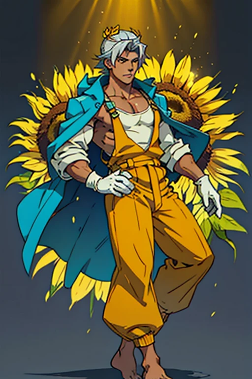Full body image of a young 17 year old man, large and defined, radiating a serene and welcoming aura. Seu cabelo, medium length and silver strands that shine under the light, It's tied effortlessly into a bun on top of the head.. Their eyes, of an intense silver tone, convey calm and understanding, as if they could see directly into the soul of the person looking at them.
He wears a pair of sturdy fabric gardening overalls., but comfortably fitted to the body, green in color. Under the overalls, wears a yellow tank top. About the jumpsuit, a heavenly jacket coat, yellow in color, moves gracefully with the breeze, as if it were an extension of your own essence. These veils, in addition to decorating, seem to emanate a soft glow, giving it an almost ethereal appearance. He also wears a sash belt and is barefoot., with plants around the legs, and white gloves.
He also wears a sunflower crown on his head..