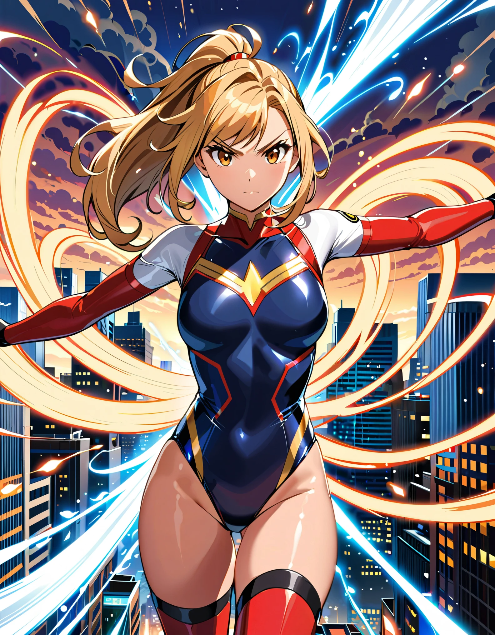 (masterpiece), (best quality), (high res), highly detailed, professional, 1girl, solo, solo focus, wonder, superhero, anime style, serious, v-shaped eyebrows, perfect hands, complete fingers, (white elastic sleeves, leotard, navy leotard, competition swimsuit), blonde hair, ahoge, medium breasts, brown eyes, beautiful detailed eyes, cute eyes, cute face, light particles, long hair, looking at viewer, medium breasts, outdoors, (ponytail), (red boots, thighhighs), hand on hip, cowboy shot, city backdrop. (T-pose, legs together). (spins fast in place like a tornado, whirls fast in place like a tornado, tornado whirling, spiral lines around her, spinning energy pulse around her, storm winds around her, whirls into a tornado, (she whirls) in (super speeds)). full body costume design. she super-spins.