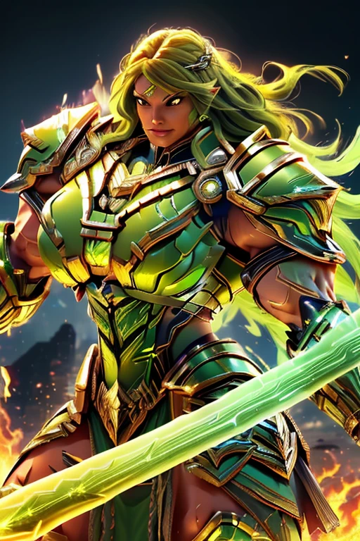 (((Massive, tall, beautiful, buff, muscular, brown skinned female Valkyrie with green hair, ginormous bulky muscles, holding a fire sword and wearing an all green gleaming Valkyrie armor and pleated skirt))), ((close-up)), black eyeliner, massive muscles, massive biceps, hyper muscle triceps, (long curvy hair), orange eyes, valkyrie boots, In heaven, steel Valkyrie armor, armor breastplate, nighttime, confident smile, (hyper muscles arms), hyper muscle legs, (ginormous arms)