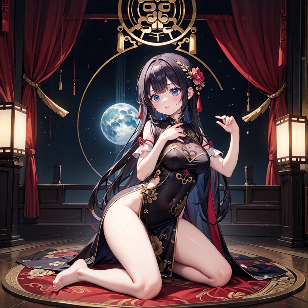 solo, 1 beautiful girl wearing chinese fantasy clothes, kneeling pose, stunning beautyfull fantasy world background, panorama view