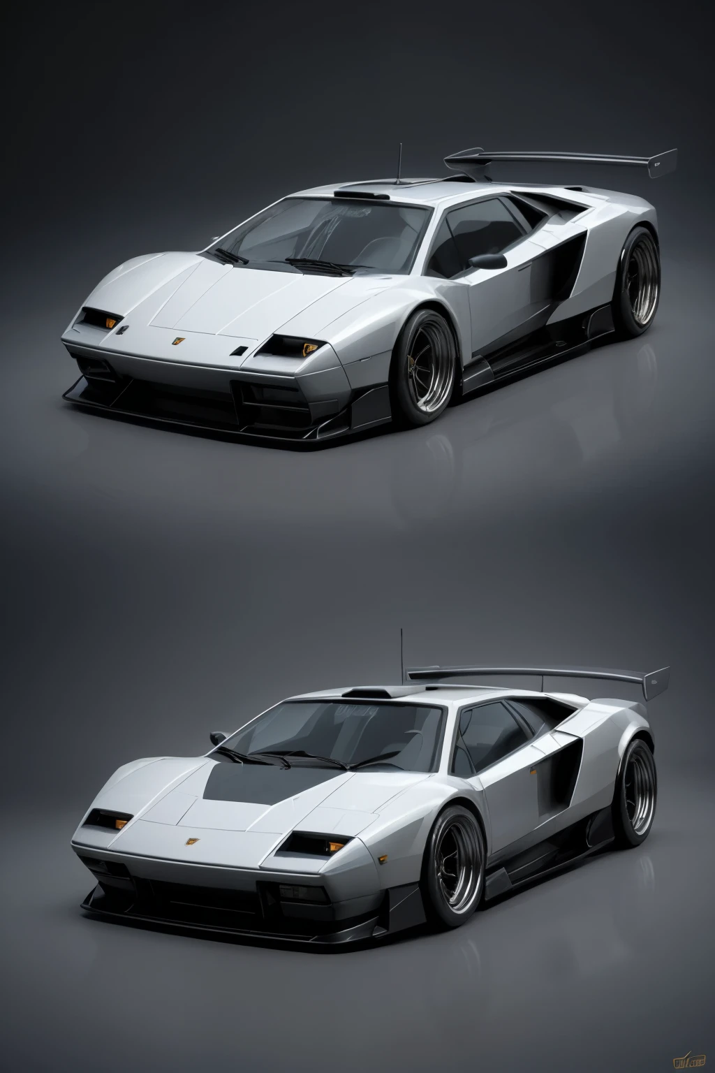 (Stylized hybrid: 1.5), digital illustration, Lamborghini Countach and DeLorean fusion, retro-futuristic design, vibrant colors, glossy finish, sleek body lines, metallic sheen, neon accents, futuristic headlights, tinted windows, circular sideview mirrors, gull-wing doors, butterfly doors, intricate detailing, smooth surface texture, illusion of movement, dynamic perspective, surrealistic background, large wheel rims, advanced technology details, holographic displays, sci-fi cityscape, high-resolution, ultra HD, 8k, masterpiece, futuristic concept art.