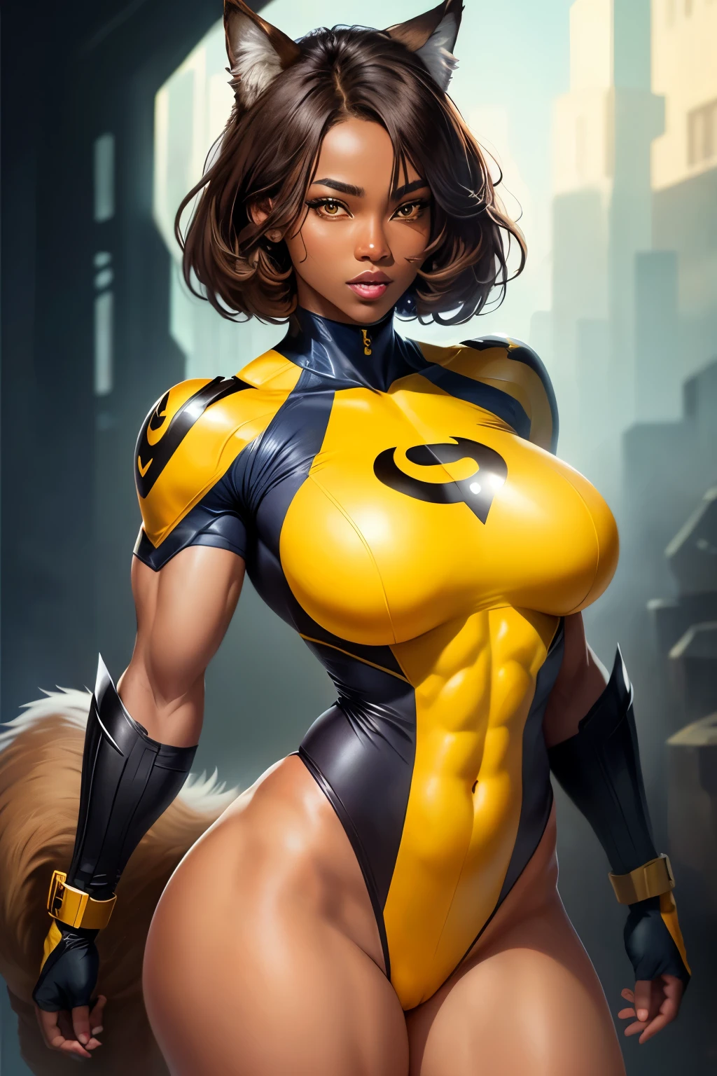 beautiful woman, dark skin, short brown hair, yellow eyes, wolf ears, yellow superhero outfit, muscular body, big bust, high quality
