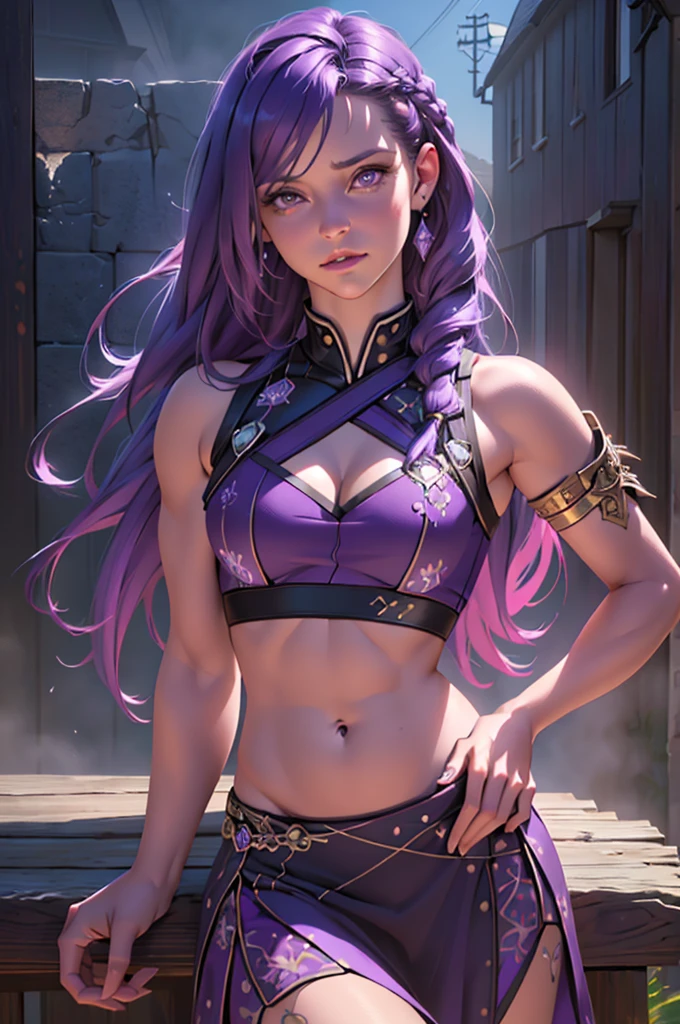 a lavender-skinned girl,long purple hair,confident pose,revealing outfit,detailed midriff,focal point belly button,(best quality,4k,8k,highres,masterpiece:1.2),ultra-detailed,(realistic,photorealistic,photo-realistic:1.37),intricate details,hyperrealistic,vibrant colors,dramatic lighting,digital painting,concept art,fantasy,ethereal