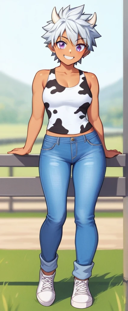 score_9, score_8_up, source_anime, masterpiece, best quality, BREAK 1girl, white horns, white spiked hair, grey eyes, >:) smile, pants, cow print tank top, jeans, meadow