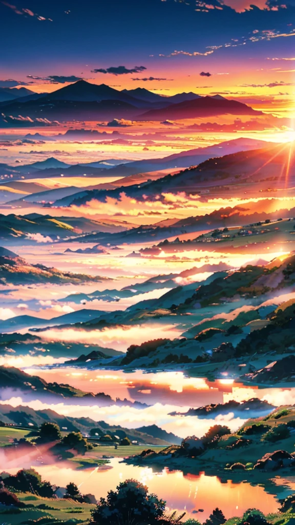 landscape, anime style, countryside, with mountains and clouds in the background, ultra hd, sunrise
