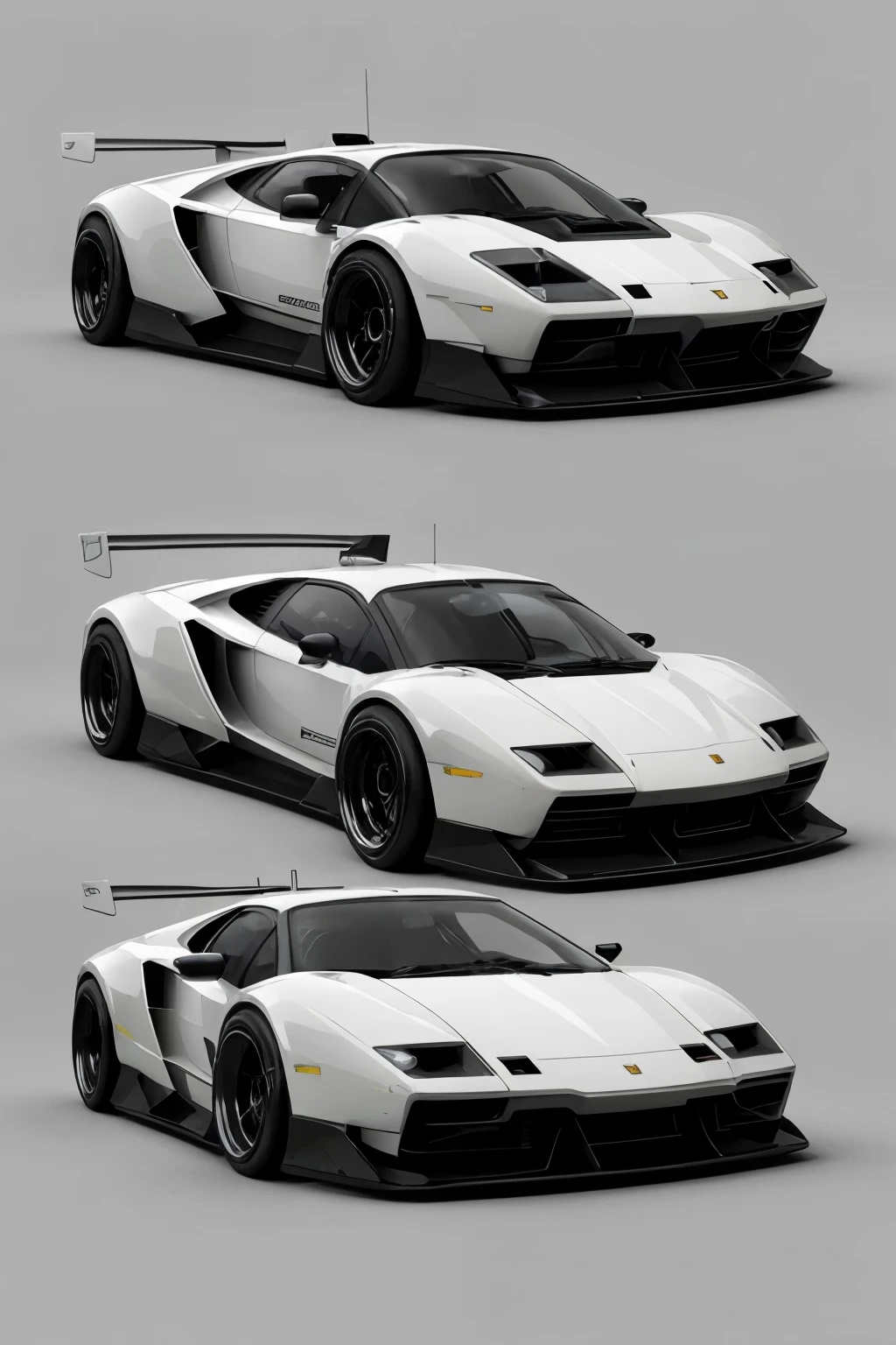 (Stylized hybrid: 1.5), digital illustration, Lamborghini Countach and DeLorean fusion, retro-futuristic design, vibrant colors, glossy finish, sleek body lines, metallic sheen, neon accents, futuristic headlights, tinted windows, circular sideview mirrors, gull-wing doors, butterfly doors, intricate detailing, smooth surface texture, illusion of movement, dynamic perspective, surrealistic background, large wheel rims, advanced technology details, holographic displays, sci-fi cityscape, high-resolution, ultra HD, 8k, masterpiece, futuristic concept art.