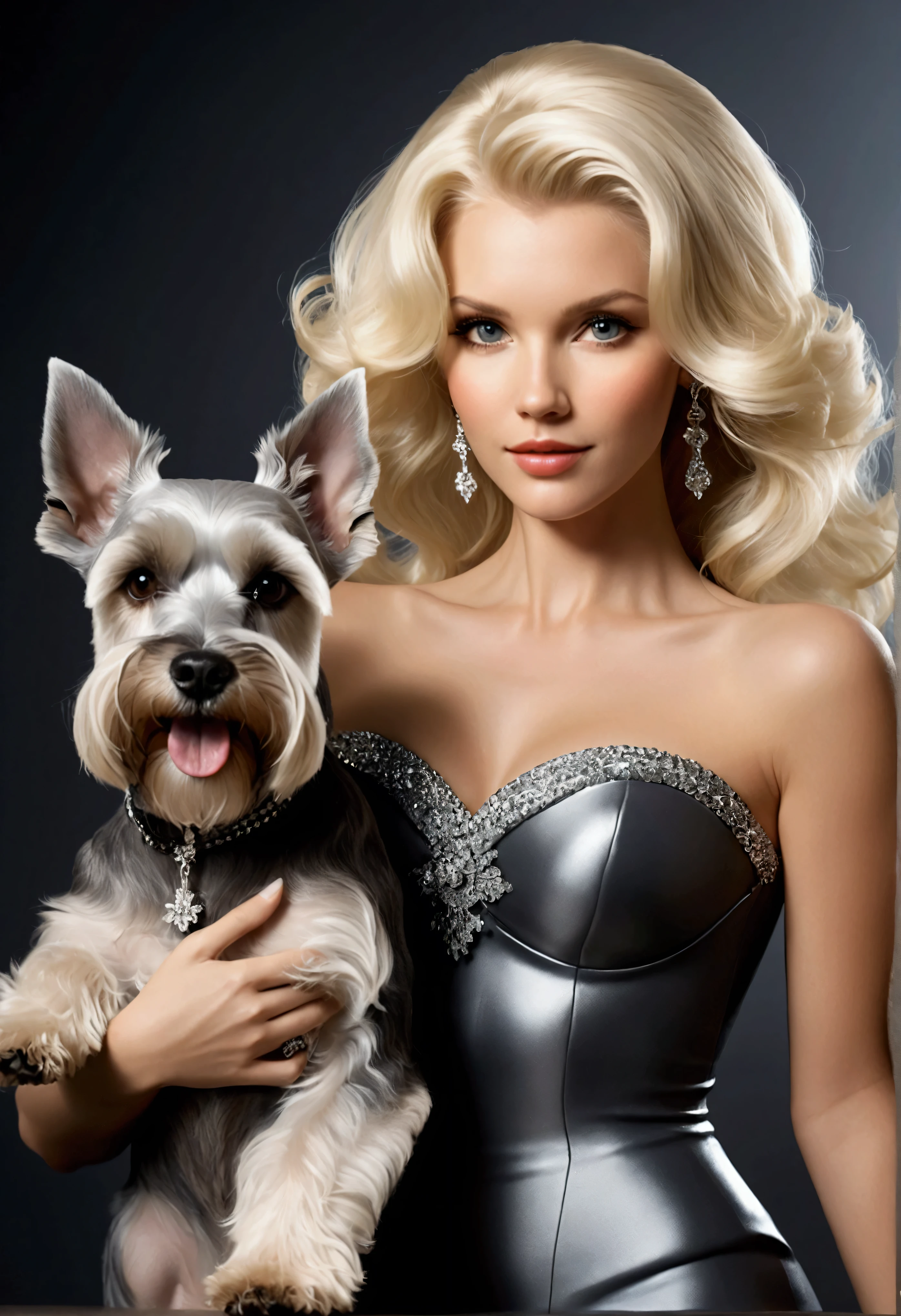 blonde bombshell, WITH A SCHNAUZER DOG