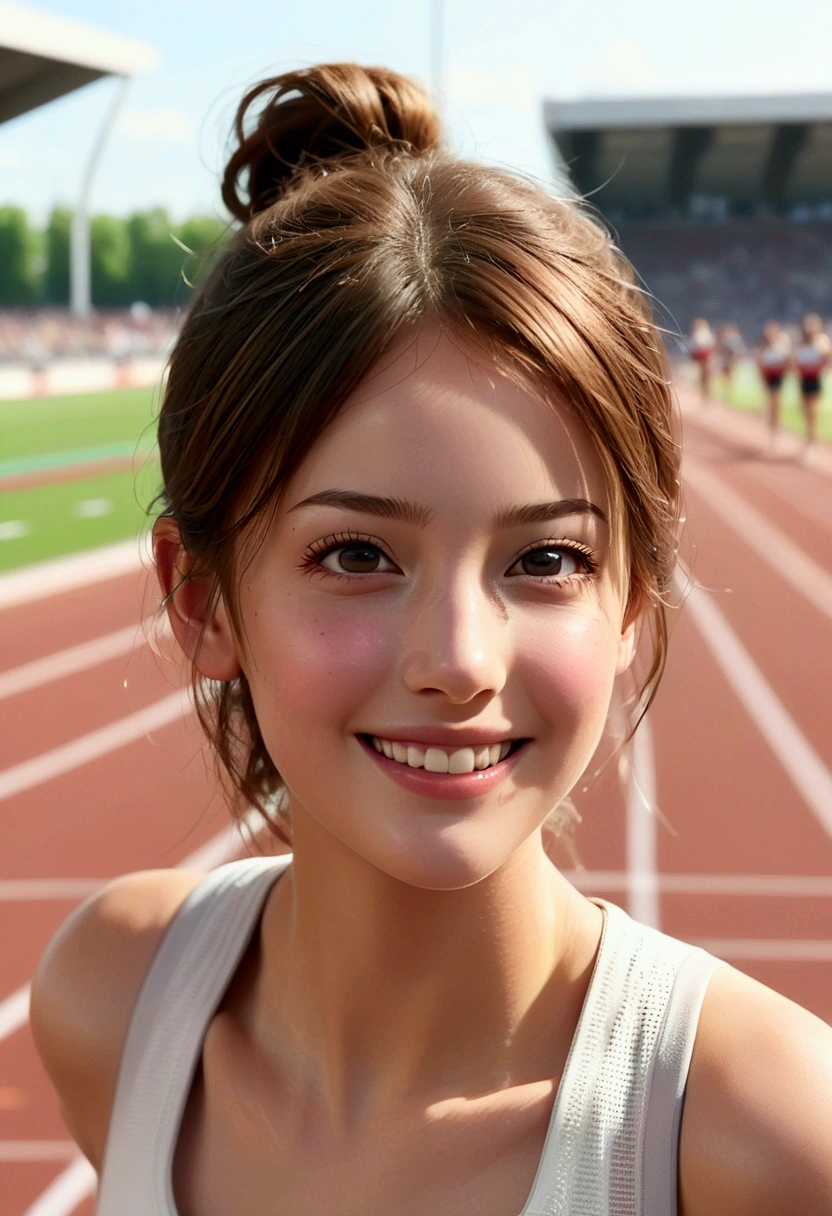 (Female athlete running to the finish line at the Paris Olympics track and field stadium_delicate nose and beautiful face, Delicate eyes and delicate lips, Untidy brown bun hair style, pale skin), (A face full of winning smiles_Upper body close-up angle from waist up), (best quality, 4K, 8k, high resolution, masterpiece: 1.2), very detailed, (realistic: 1.37), White tracksuit_complex and detailed, sports, people, outdoor scene, stadium structure, bright sunlight, vivid colors,