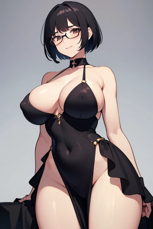 Female character with short black hair, slightly disheveled, with bangs that frame his forehead. He wears large, round glasses that highlight his large, brown eyes., with long and well defined eyelashes. Has clear and soft skin. Pronounced waist and hips. Her complexion is curvy, with wide hips and well-defined legs. The expression on his face is friendly and confident., with a slight flirtatious smile. suggestive pose, accentuating her curvy figure. Only the main character in the image. Cute breast. Hands well drawn. NSFW. She's having intercourse with a guy. She's horny and her hands are stroking a guy dick. NSFW.
A nakes man is close to her.
Upper body and head, angle from below, attention to woman, definition, perfect woman, solo woman, 24 years old, short hair, disheveled hair, details, extremely detailed, 8K quality, master piece.
