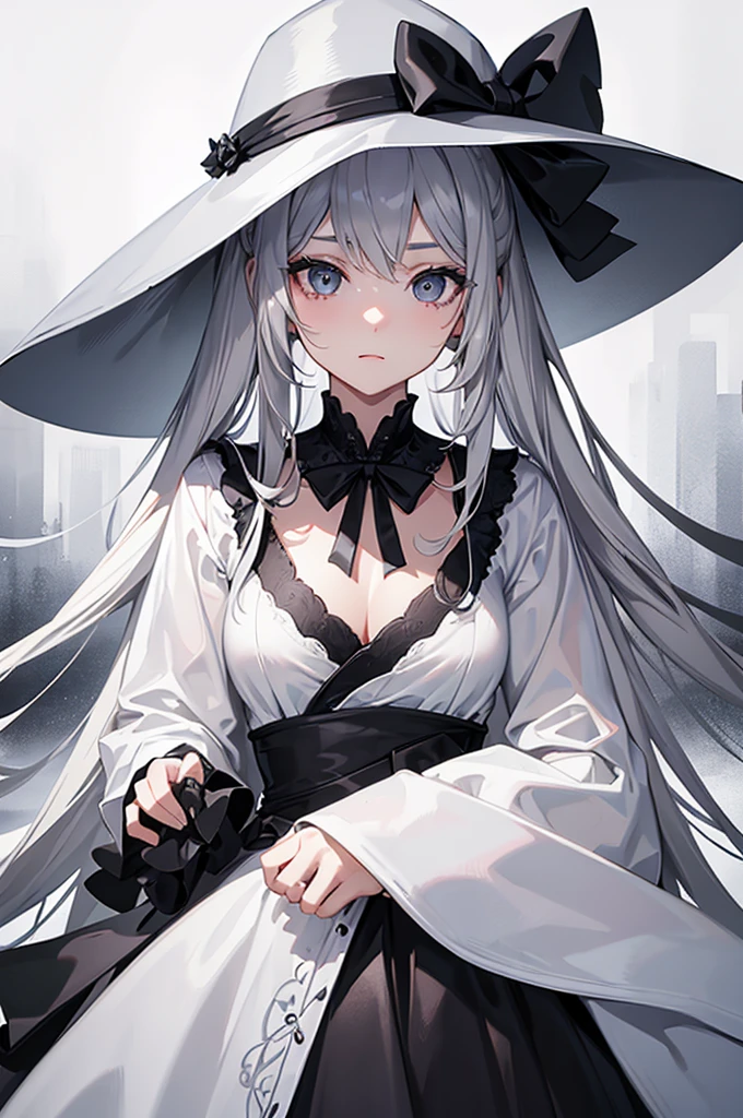 (masterpiece), best quality, expressive eyes, perfect face,high res, ultrasharp, 8K, masterpiece, girl with silver grey long hair, grey white eyes, mist black summer hat,ribbon is grey white,beautiful black dress,mature