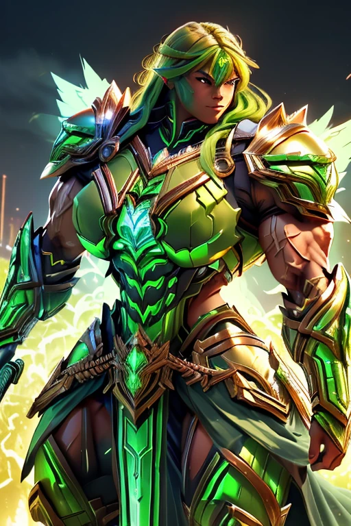 (((Massive, tall, beautiful, buff, muscular, brown skinned female Valkyrie with green hair, ginormous bulky muscles, holding a fire sword and wearing an all green gleaming Valkyrie armor and pleated skirt))), ((close-up)), black eyeliner, massive muscles, massive biceps, hyper muscle triceps, (long curvy hair), orange eyes, valkyrie boots, In heaven, steel Valkyrie armor, armor breastplate, nighttime, confident smile, (hyper muscles arms), hyper muscle legs, (ginormous arms)