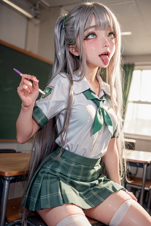 high quality, detailed,girl,(very wet school uniform), (green eyes),blunt bangs,a mole under the eye,silver long hair,plaid skirt,tounge out,(blushing:1.3),smile,orgasm,(clothes come off,smaller breasts),(in the classroom,detailed background)