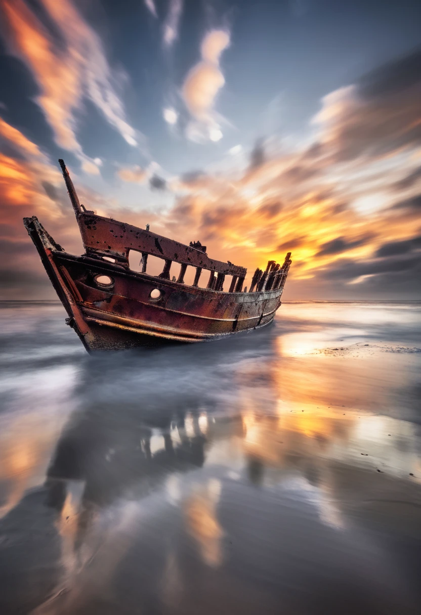 Realistic photo, hyper detail, On a deserted shoreline , a rusted shipwreck lies motionless, set against a dramatic sky ablaze with warm, fiery colors and streaking clouds created by long exposure photography, low angle shot