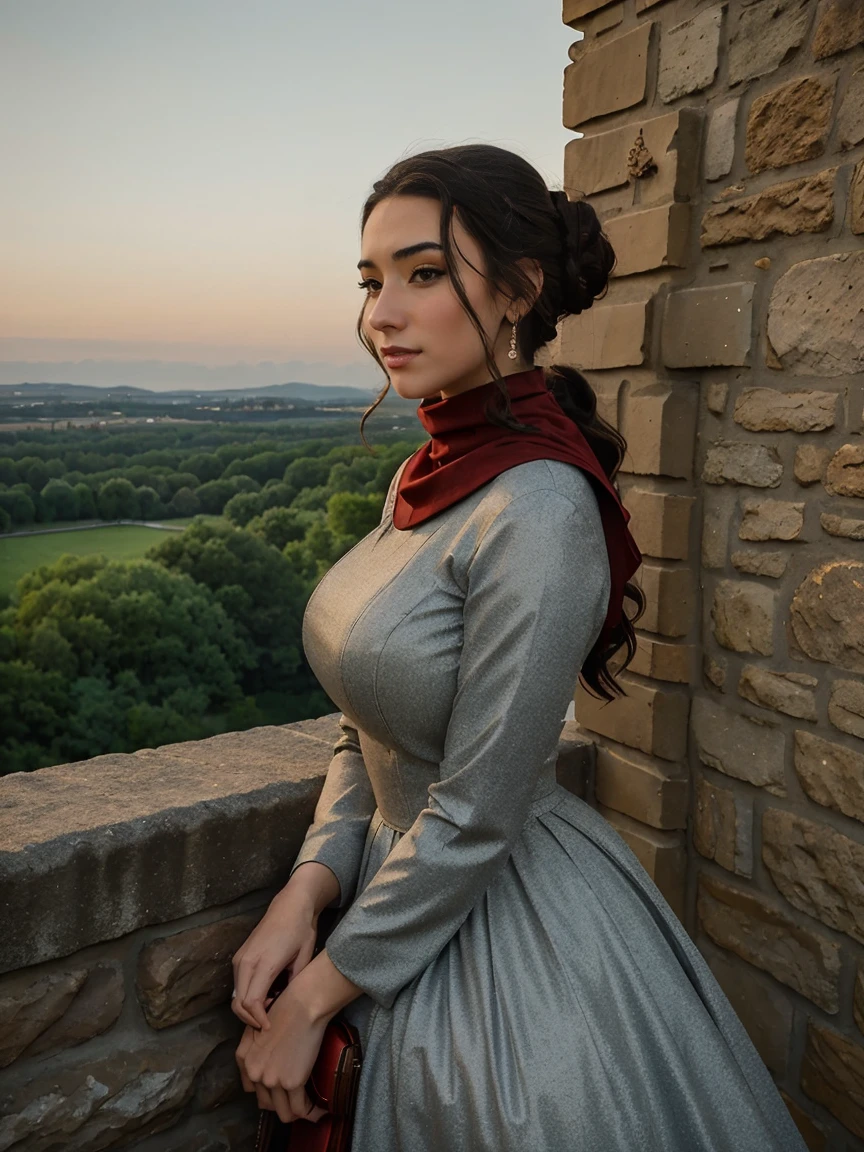Gorgeous and sultry busty athletic (thin) brunette queen with sharp facial features wearing a modest updo, dark red medieval dress, long sleeves, intricate patterns, scrollwork, wide neck, crown, veil, long dress, modest dress, tight bodice, (silver waist chain), medieval jewelry, Middle Ages, castle, rampart, wall, exterior, on top of a castle wall, trees, countryside, evening, sunset.
