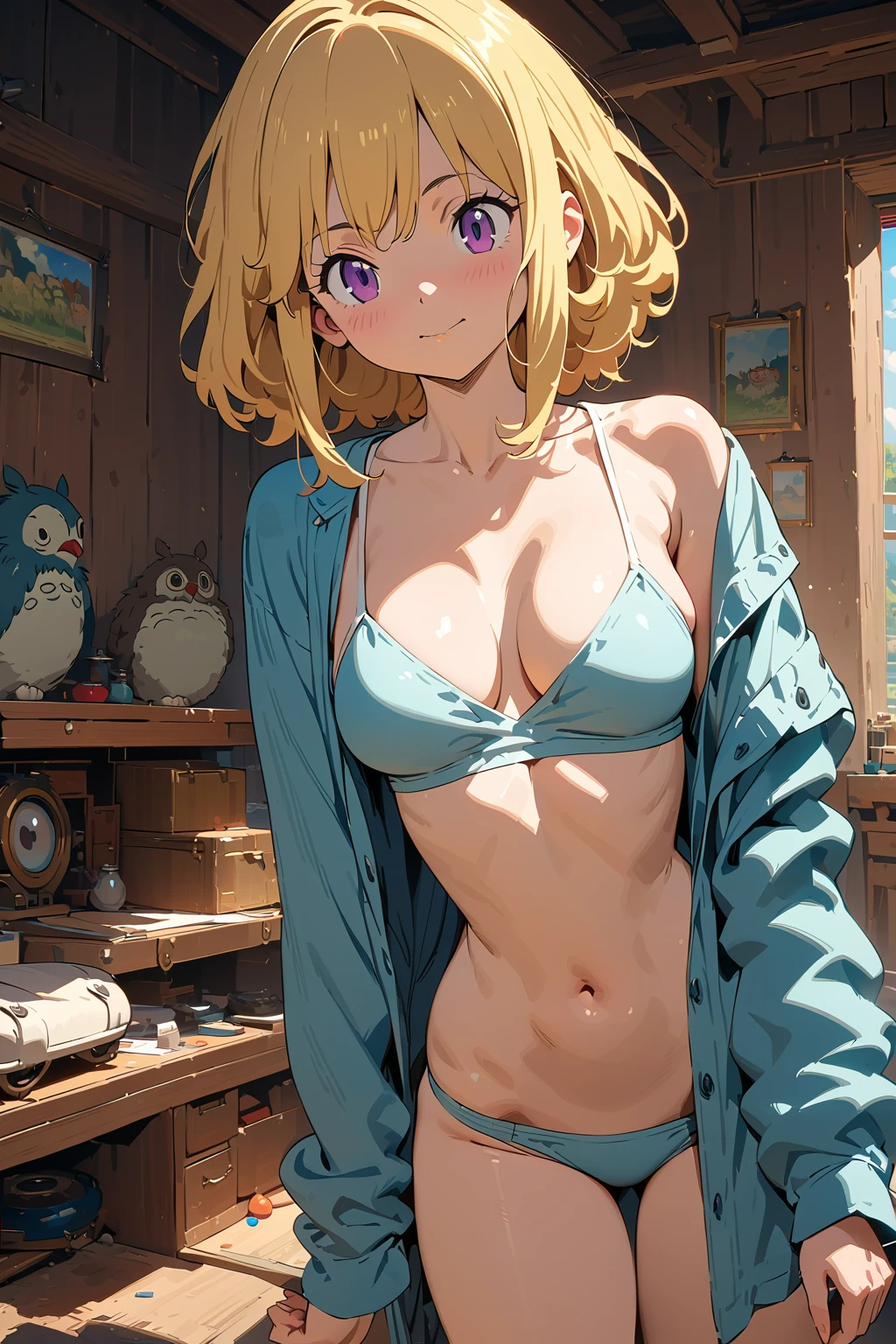 (masterpiece, best quality:1.5), (ultra detailed, high resolution, 8k, beautiful detailed, UHD, best anatomy), Sand Yellow hair, medium breasts, 1 cute girl, (Studio Ghibli Style Character:2), bare navel, Nightshirt