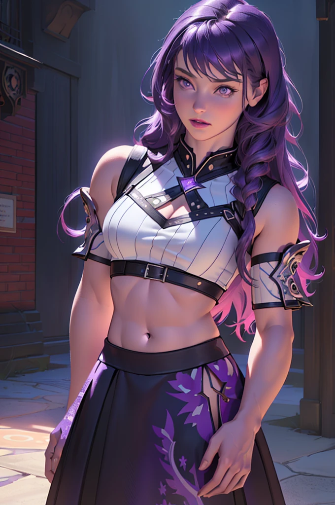 a lavender-skinned girl,long purple hair,confident pose,revealing outfit,detailed midriff,focal point belly button,(best quality,4k,8k,highres,masterpiece:1.2),ultra-detailed,(realistic,photorealistic,photo-realistic:1.37),intricate details,hyperrealistic,vibrant colors,dramatic lighting,digital painting,concept art,fantasy,ethereal