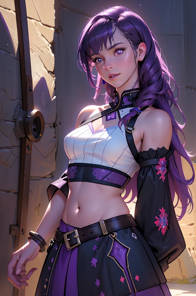 a lavender-skinned girl,long purple hair,confident pose,revealing outfit,detailed midriff,focal point belly button,(best quality,4k,8k,highres,masterpiece:1.2),ultra-detailed,(realistic,photorealistic,photo-realistic:1.37),intricate details,hyperrealistic,vibrant colors,dramatic lighting,digital painting,concept art,fantasy,ethereal