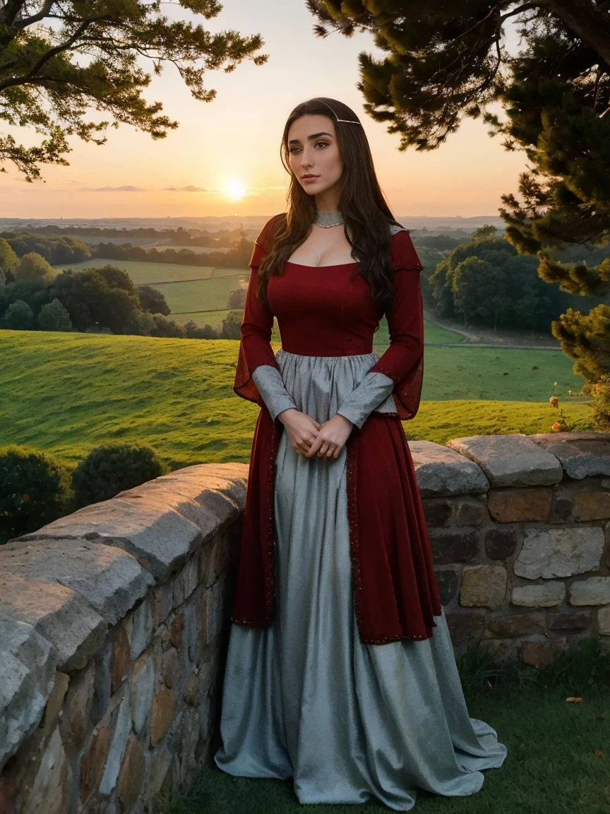 Gorgeous and sultry busty athletic (thin) brunette queen with sharp facial features wearing a modest updo, dark red medieval dress, long sleeves, intricate patterns, scrollwork, wide neck, crown, veil, long dress, modest dress, tight bodice, (silver waist chain), medieval jewelry, Middle Ages, castle, rampart, wall, exterior, on top of a castle wall, trees, countryside, evening, sunset.