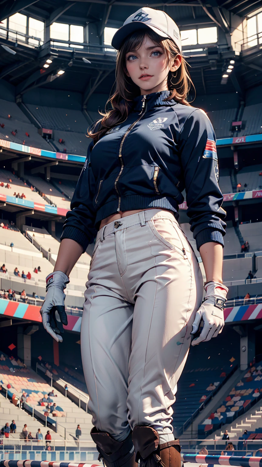 24-year-old woman、equestrian、Dark blue jacket、White culottes、White athletic pants、White gloves、equestrian hat、Hair style: chignon、Equestrian boots、Whip in one hand、Olympic Equestrian Stadium
