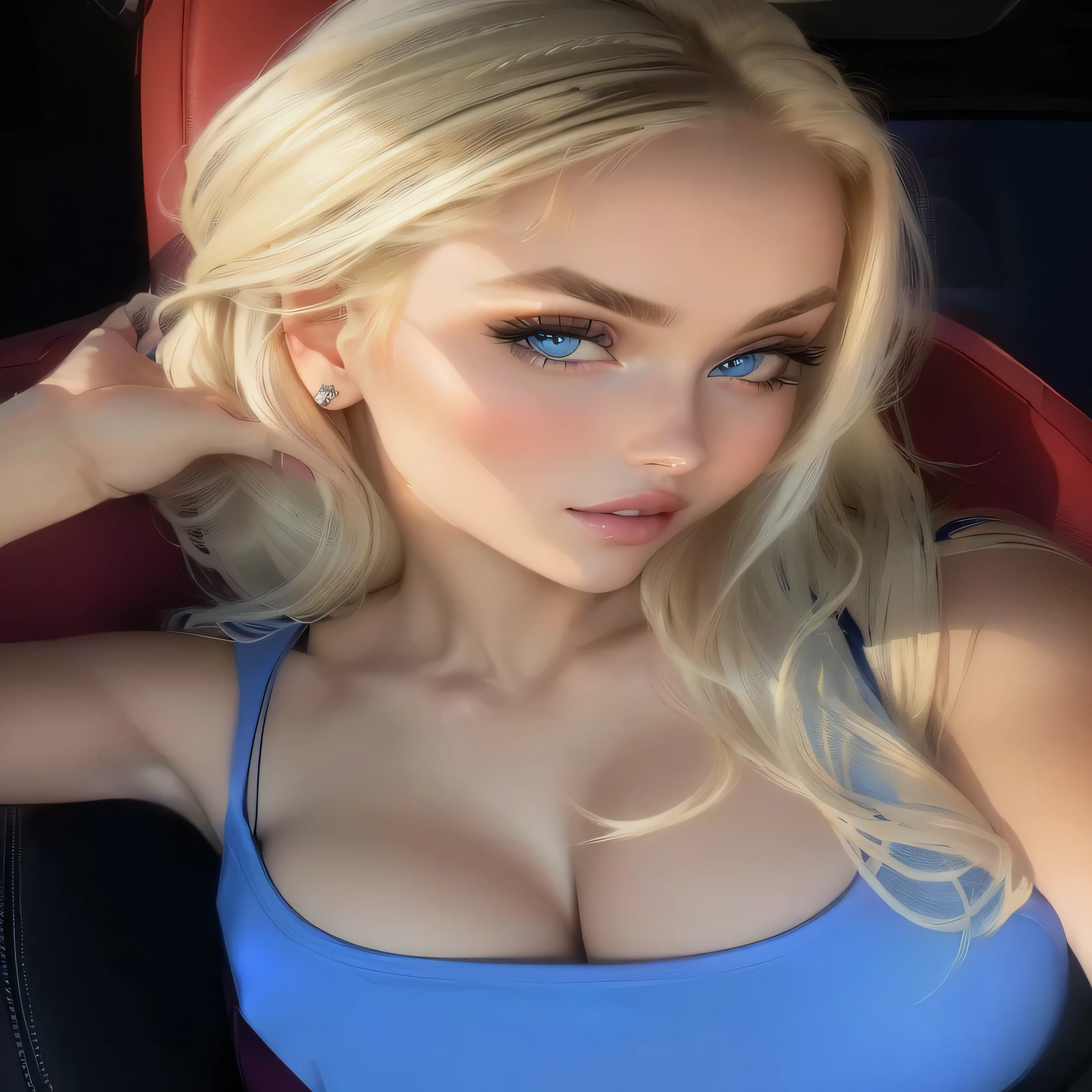 a close up of a woman in a blue top sitting in a car, jaw dropping beauty, a gorgeous blonde, kailee mandel, looking hot, instagram model, blonde hair and large eyes, sexy face, cleavage, blonde goddess, jaw-dropping beauty, perfect white haired girl, blonde and attractive features, long blonde hair and large eyes, gorgeous lady
