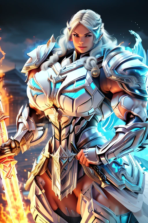(((Massive, tall, beautiful, buff, muscular, pale white skinned female Valkyrie with cyan hair, ginormous bulky muscles, holding a fire sword and wearing an all cyan gleaming Valkyrie armor and pleated skirt))), ((close-up)), black eyeliner, massive muscles, massive biceps, hyper muscle triceps, (long beachy hair), purple eyes, valkyrie boots, In heaven, steel Valkyrie armor, armor breastplate, nighttime, confident smile, (hyper muscles arms), hyper muscle legs, (ginormous arms)