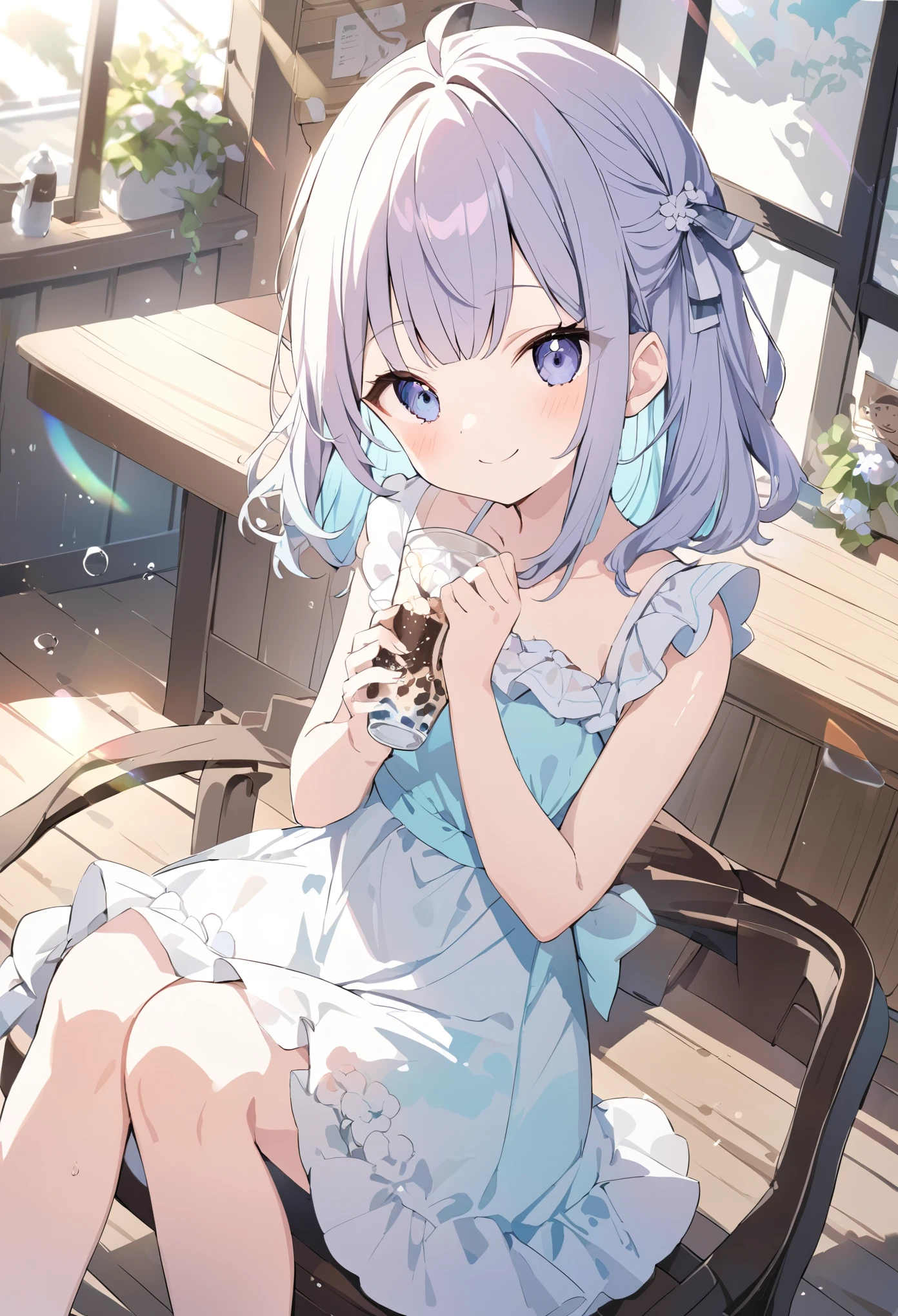 Momoko Sakura Style、8k品質、Intense watercolor, Detailed watercolor art, 水彩splash, Surreal, Very cute girl, ((Cute summer dress))、(Black、Pastel color inner color hairstyle、Hair expressed with a delicate touch), Beautiful Hair, Facial Contour, Remember, splash, Lens flare、sunlight、illumination、Natural Color, High resolution, Very delicate, Very detailed, 8k、Stylish open cafe、smile、Sitting in a chair、Full body angle