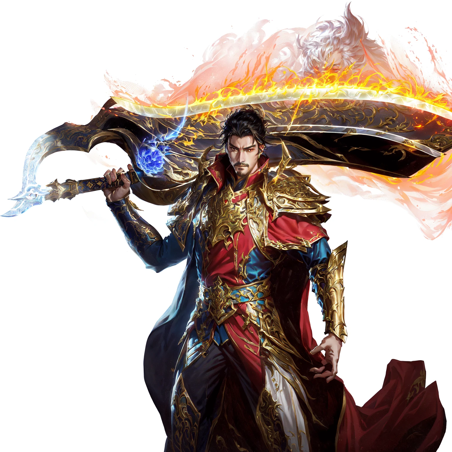 Aravud image of a man holding a sword, heise jinyao, xianxia hero, Arsene Lupin as a Paladin, Inspired by Huang Shen, Wielding a sword of fire, Male Paladin, Armed with a flaming sword, Inspired by Li Kan, a human Male Paladin, Fire Mage, author：Yang J, Dragon Rider