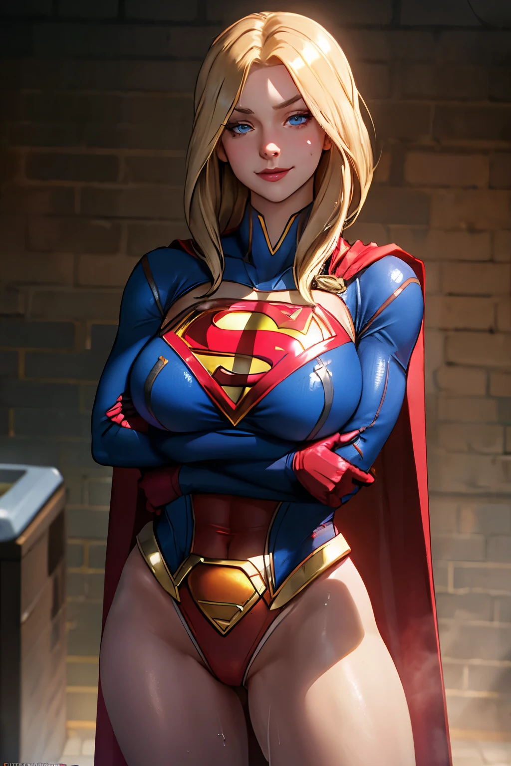 masterpiece,Supergirl ,SuperGirl tight uniform ,best quality,cape ,cleavage cutout, long sleeves, gigantic breasts,muscle,in dungeon, looking at viewer, cowboy shot,golden hair, seductive smile,one hand she was squeezing her own breast, curvy, blue eyes,a female tyrant with a penchant for torture,fog,drenched in sweat,pink cheeks,shiny suit
