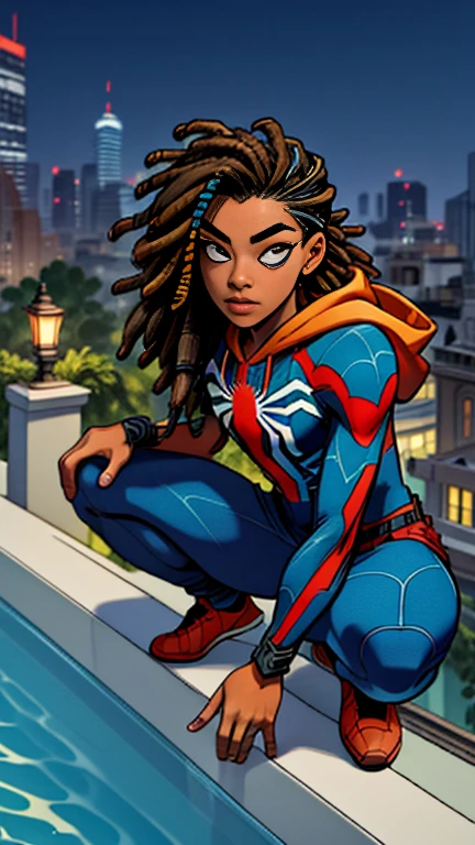 (masterpiece, best quality), intricate details, 8k, artstation, wallpaper, official art, splash art, sharp focus, high angle shot, shut from above
1boy, blue black two-tone colored dreadlocks hairstyle, tanned Caribbean-descendant, crouched beside large marble statue,
Techwear hoodie Spiderman suit, spider web print, spiderweb pattern sweatpants, web-shooters on wrists, arcane patterns, bioluminescent webs, cannabis fan leaf hair ornament, Hi-Tech goggles 
Luxurious skyscraper rooftop garden, koi pond 