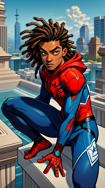 (masterpiece, best quality), intricate details, 8k, artstation, wallpaper, official art, splash art, sharp focus, high angle shot, shut from above
1boy, blue black two-tone colored dreadlocks hairstyle, tanned Caribbean-descendant, crouched beside large marble statue,
Techwear hoodie Spiderman suit, spider web print, spiderweb pattern sweatpants, web-shooters on wrists, arcane patterns, bioluminescent webs, cannabis fan leaf hair ornament, Hi-Tech goggles 
Luxurious skyscraper rooftop garden, koi pond 