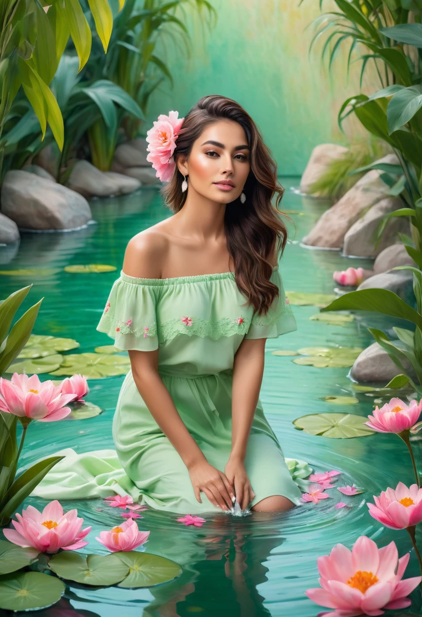 Detailed description of the visual element,The color palette is a mix of soft pastels and vibrant spring colors like green.,pink color,This combination evokes blooming flowers and fresh foliage.,Perfect for spring theme,High-quality images integrated into salon interiors,Peaceful environment,Mexican woman standing on the water,Water splashes on the floor of the girl,Some stones have flowers on them,exudes fragrance,Includes before and after photos of customers who received spring makeovers,To highlight the salon's services,Use elegant script fonts for titles to convey elegance,And use a modern sans serif font for body text,To ensure readability and modernity, Black Curly Hair,Wearing a bright red salwar suit,focus,Close Range,Watch,Close your eyes,Surround her with spring graphics,For example, flowers and butterflies,Symbolizes the changing seasons and the essence