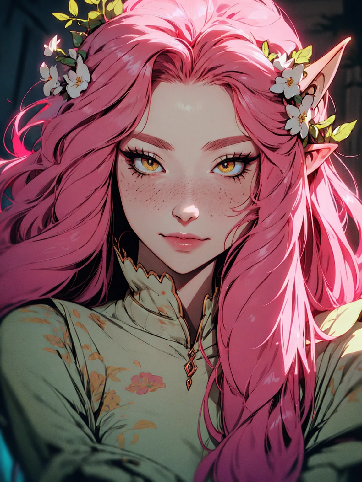 hyper-realistic of a mysterious woman with flowing pink hair, ears of elf, freckles, piercing yellow eyes, and a delicate floral crown, delicate smile, upper body