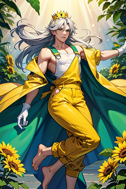 Full body image of a young 17 year old man, large and defined, radiating a serene and welcoming aura. Seu cabelo, medium length and silver strands that shine under the light, It's tied effortlessly into a bun on top of the head.. Their eyes, of an intense silver tone, convey calm and understanding, as if they could see directly into the soul of the person looking at them.
He wears a pair of sturdy fabric gardening overalls., but comfortably fitted to the body, green in color. Under the overalls, wears a yellow tank top. About the jumpsuit, a heavenly jacket coat, yellow in color, moves gracefully with the breeze, as if it were an extension of your own essence. These veils, in addition to decorating, seem to emanate a soft glow, giving it an almost ethereal appearance. He also wears a sash belt and is barefoot., with plants around the legs, and white gloves.
He also wears a sunflower crown on his head..