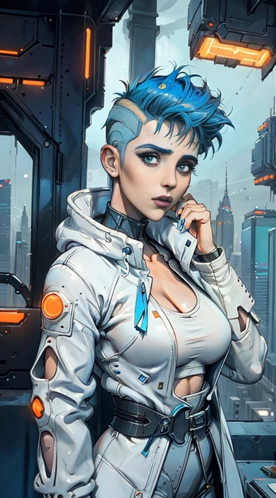 Stefania Ferrario short blue hair shaved on the sides, parted lips, wearing a loose white overcoat over his white and orange futuristic cyberpunk costume, at night on top of a building, 8k, artgerm julie bell beeple, Wojtek FUS, bipe. hyper- realism, arte do bipe, Beeple Daily Art