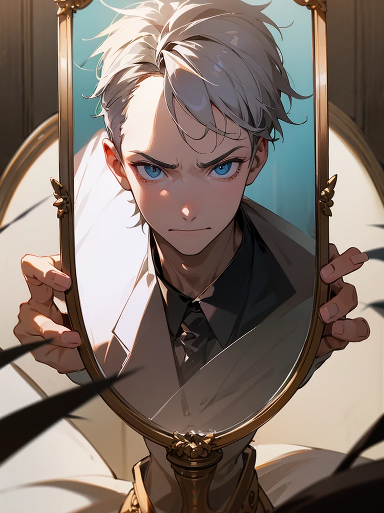Generates an image of a boy looking in the mirror and seeing that in the mirror there is an evil version of him