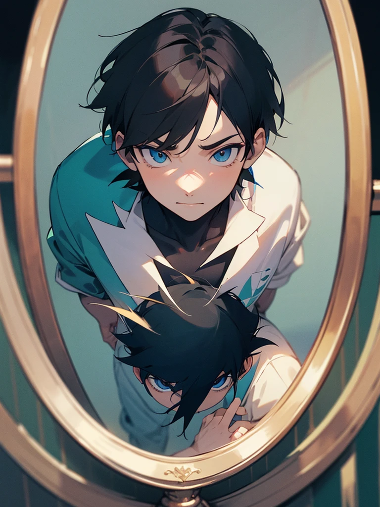 Generates an image of a boy looking in the mirror and seeing that in the mirror there is an evil version of him